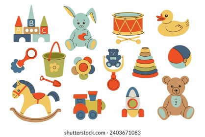 Various isolated toys for kids. Ball, drum, wooden train, bunny, rocking horse, teddy bear, toy blocks, rattles. Childhood, children games, preschool activities concept. Hand drawn vector set.