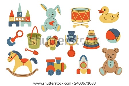 Various isolated toys for kids. Ball, drum, wooden train, bunny, rocking horse, teddy bear, toy blocks, rattles. Childhood, children games, preschool activities concept. Hand drawn vector set.