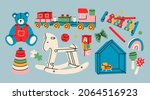 Various isolated Toys for kids. Wooden train, rocking horse, teddy bear, toy cubes, xylophone, pyramid, doll house. Childhood, children games, preschool activities concept. Hand drawn Vector set