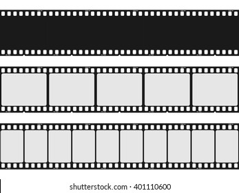 Various isolated wide and tall blank gray and black film strip backgrounds over white