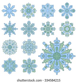 Various isolated winter snowflakes. Vector illustrations set