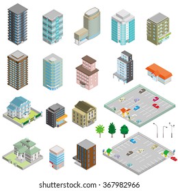 Various isometric buildings, cars, trees and street lights.