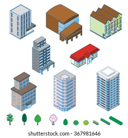 Various isometric buildings, trees and shrubs.