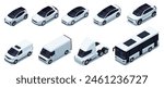 Various isometric car. Logistic delivery vehicles with cargo trailer, truck van car and motorcycle for transport company. Vector set. Different automobiles for personal usage, rental company