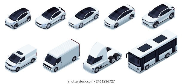 Verschiedene isometrische Wagen. Logistische Lieferfahrzeuge mit Lastanhänger, LKW-Wagen und Motorrad für Transportunternehmen. Vektorgrafik eingestellt. Verschiedene Automobile für den persönlichen Gebrauch, Vermietungsunternehmen