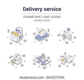 Various isometric line icons related to delivery service, illustrating key elements like packages, delivery robots, and shipping routes. Modern vector illustrations set
