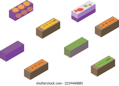 Various isometric yokan and packages.
translation：Yokan, Matcha Yokan, Chestnut Yokan, Yokan