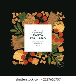 Various Italian pasta dark design template. Spaghetti and ravioli illustrations. Vector illustration.