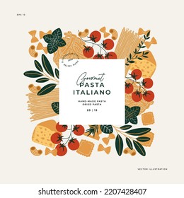 Varios diseños de pasta italiana. Ilustraciones de espagueti y ravioli. Ilustración vectorial.