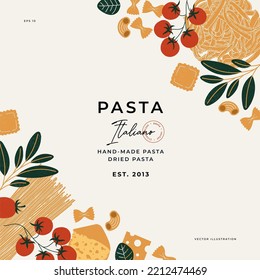 Various Italian pasta minimalist design template. Spaghetti and ravioli illustrations. Vector illustration.