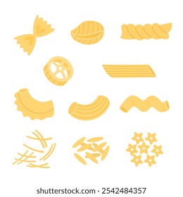 Várias massas italianas. Vários tipos de massas, macarrão. Farfalle, conchiglie, rotelle, fusilli, cavatappi, penne, vermicelli, risoni, fettuccine. Cozinha italiana. Ilustração vetorial.