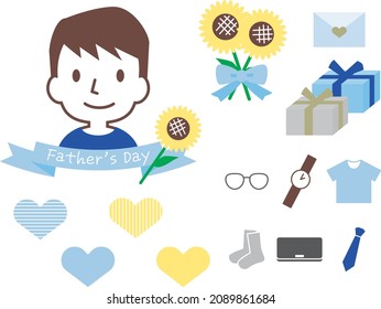 Various item sets for Father's Day. Sunflowers, hearts and gifts.