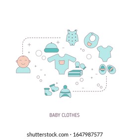 Varios artículos de ropa de bebé. Ilustración vectorial.