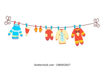 Various items of baby clothes on rope isolated vector illustration on white background. Laundry held by plastic pegs drying.
