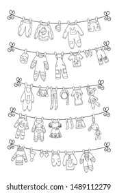 Various items of baby clothes on rope isolated coloring vector illustration. Laundry held by plastic pegs drying.