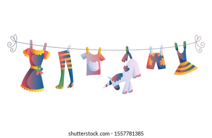 Various items of baby clothes on rope isolated vector illustration on white background. Laundry held by plastic pegs drying