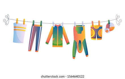 Various items of baby clothes on rope isolated vector illustration on white background. Laundry held by plastic pegs drying