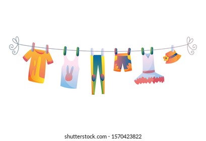 Various items of baby clothes on rope isolated vector illustration on white background. Laundry held by plastic pegs drying