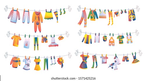 Various items of baby clothes on rope isolated vector illustration on white background. Laundry held by plastic pegs drying. Set of children's themed costumes