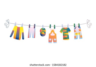 Various items of baby clothes on rope isolated vector illustration on white background. Laundry held by plastic pegs drying