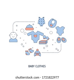 Various items of baby clothes. Vector illustration.