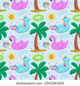 Various items for the beach and recreation.  Inflatable swimming circle with blue unicorn, flamingo, palm tree, sun and waves. Seamless vector pattern on summer and marine themes.
