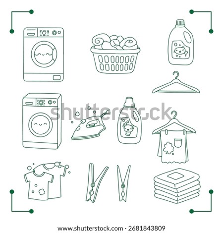 various items related to laundry and ironing, including washing machines, clothes baskets, detergent bottles, ironing boards, clothes hangers, and clothespins