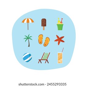 Varios elementos para relajarse en la playa sobre un fondo de color. Ilustración vectorial.