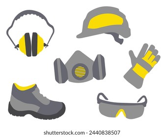 Varios artículos de ropa especial de protección. Uniforme de trabajo. Ropa protectora profesional, botas y casco de seguridad.  EPS 10.