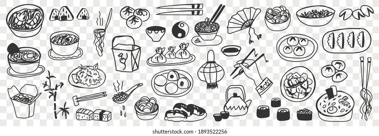 Various japanese and chinese dishes doodle set