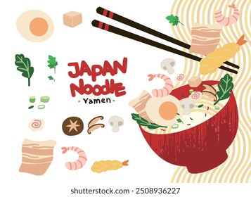 Vários ingredientes de macarrão japonês ramen ilustração