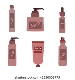 Various jars and tubes with organic cosmetics vector flat illustration. Skincare routine, moisturizer, sleeping mask, facial roller massager and scented candle, isolated vector illustrations.