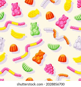 Various jelly candies bears, worms, bananas seamless pattern. Sweet vector background.