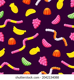 Various jelly candies seamless pattern on a dark background. Useful gummi sweets. Vitamins. Vector illustration.