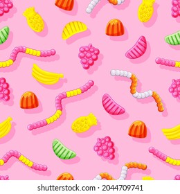 Various jelly candies seamless pattern. Useful gummi sweets. Vitamins. Vector illustration.