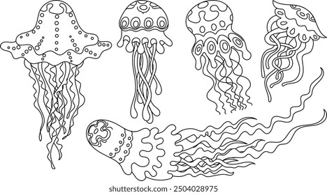 Various jellyfish in line art style with tentacles and patterns on the body. Vector illustration