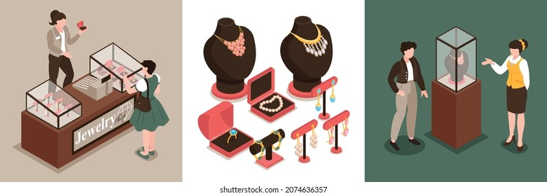 Various jewelry and gemstones stand   shop assistants demonstrating rings   necklace 3d isometric design concept isolated vector illustration
