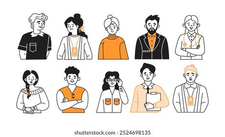 Various jobs avatars doodle line and color illustration set. Specialists in different industries linear sketch vector people collection