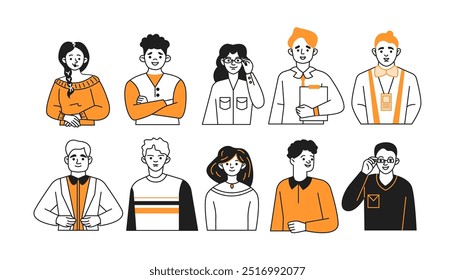 Various jobs people avatars doodle line illustration set