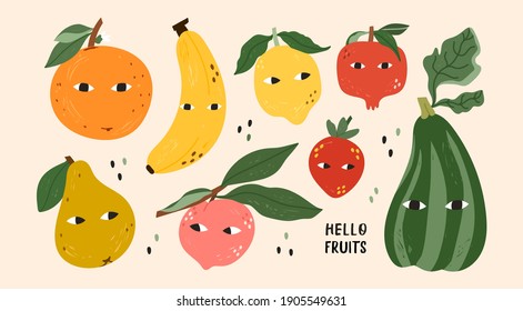 Diversas frutas alegres y verduras con ojos. Personajes graciosos. Estilo de caricatura. Ilustración del Vector de color dibujado a mano. Todos los elementos están aislados