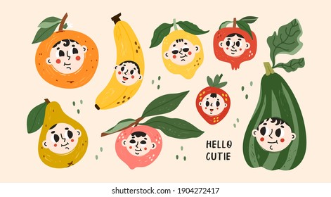 Various joyful Fruits and Vegetable with human faces. Calmness and happiness emotions. Cute funny characters. Cartoon style. Hand drawn colored Vector illustration. All elements are isolated