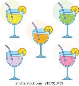 Various juice vector illustration with flat style. Fresh summer drink with bright colors.