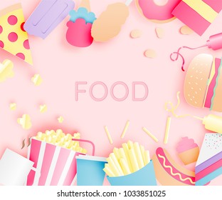 Various junk food in paper art style with pastel scheme vector illustration