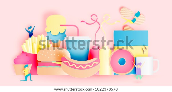Various junk food in paper art style with\
pastel scheme vector\
illustration