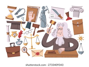 Various justice elements hand drawn isolated set with judge in traditional robe and white wig