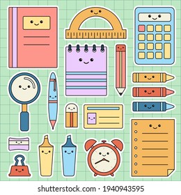 Various kawaii cute stationery set school supplies illustration