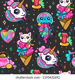 Various kawaii elements. Hand drawn colored vector seamless pattern. Black background