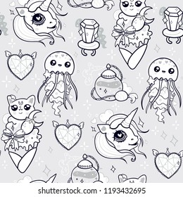 Various kawaii elements. Hand drawn vector seamless pattern. Grey background
