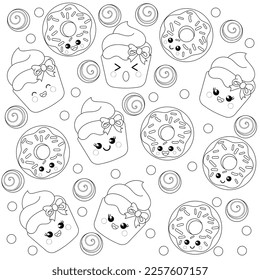 
Various kawaii food. Hand drawn vector seamless pattern. coloring book for kids, donut and cupcake kawaii vector.