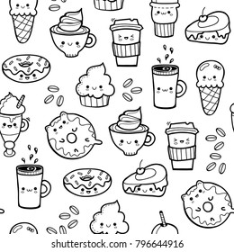 Various kawaii food. Hand drawn vector seamless pattern